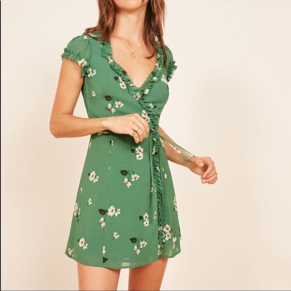 Reformation Green floral print mini dress